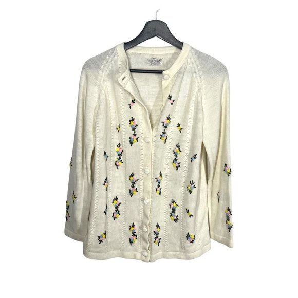 Vintage 60s Off White Floral Embroidered Knit Button Up Cardigan Medium - Picture 1 of 6